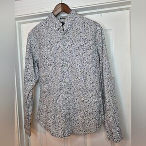 J. Crew Men's Floral Button-Down Shirt - White with Blue & Brown Print Large